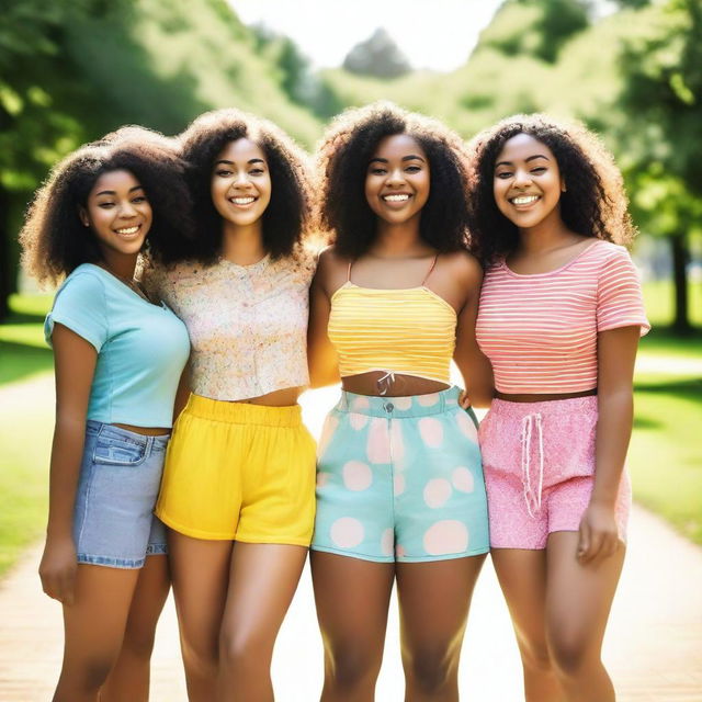 A group of diverse girls standing together, smiling and having fun in a sunny park