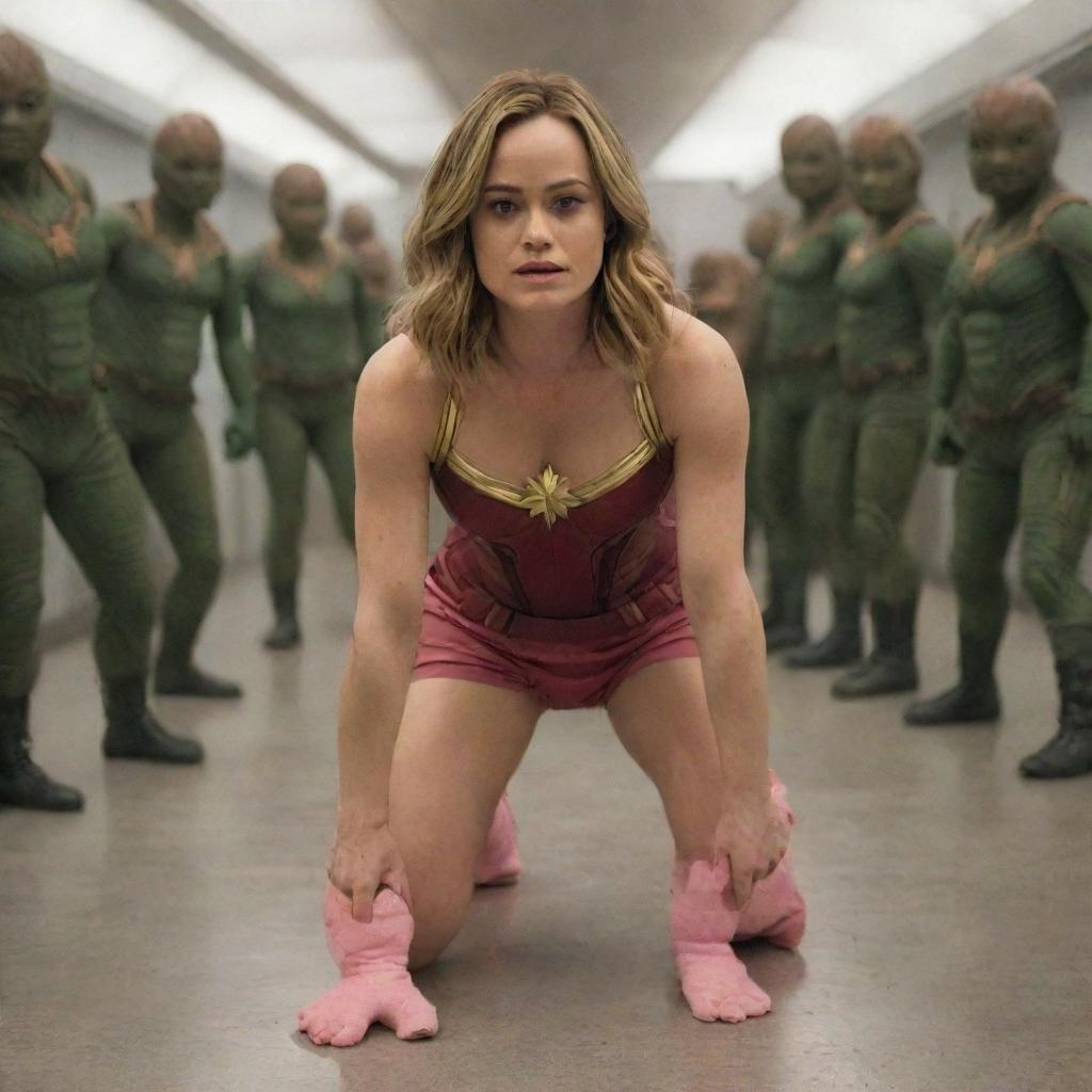 Brie Larson as Captain Marvel, humorously crawling like a baby, wearing pink diapers, with a group of alien females showing interest and following her.