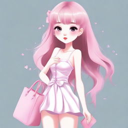 Create an image of a female character with large, double-lidded eyes, pale skin, and long pink hair