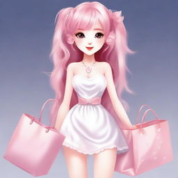 Create an image of a female character with large, double-lidded eyes, pale skin, and long pink hair