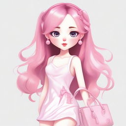 Create an image of a female character with large, double-lidded eyes, pale skin, and long pink hair