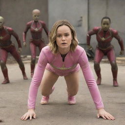 Brie Larson as Captain Marvel, humorously crawling like a baby, wearing pink diapers, with a group of alien females showing interest and following her.