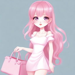 Create an image of a female character with large, double-lidded eyes, pale skin, and long pink hair