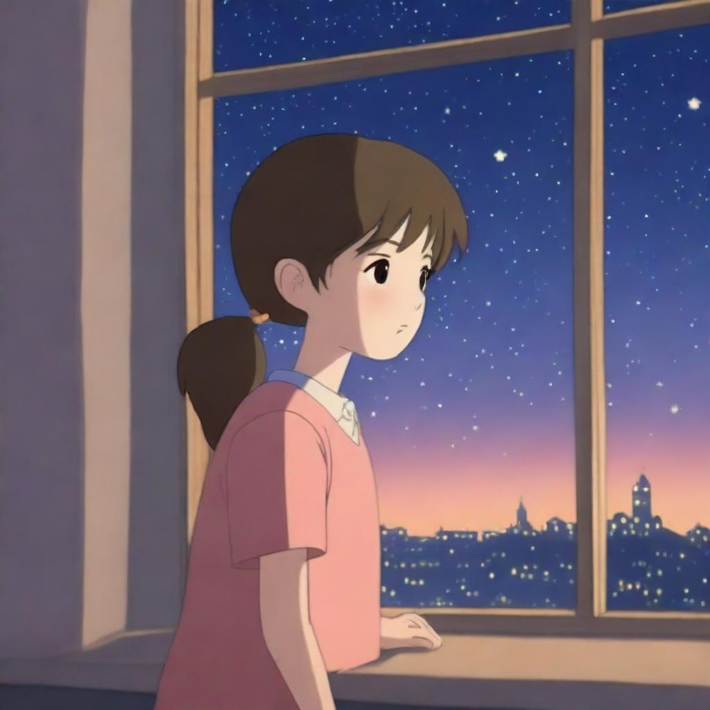 A young girl with a dreamy expression, looking out of a window at dusk