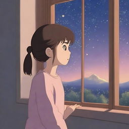 A young girl with a dreamy expression, looking out of a window at dusk