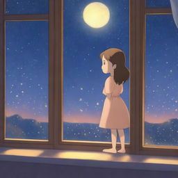 A young girl with a dreamy expression, looking out of a window at dusk