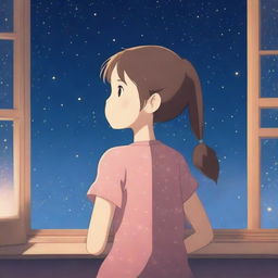 A young girl with a dreamy expression, looking out of a window at dusk