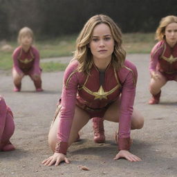 Brie Larson as Captain Marvel, humorously crawling like a baby, wearing pink diapers, with a group of alien females showing interest and following her.