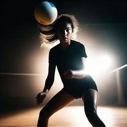 A 19-year-old girl with black hair playing volleyball in the dark