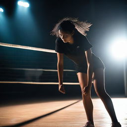 A 19-year-old girl with black hair playing volleyball in the dark