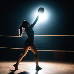 A 19-year-old girl with black hair playing volleyball in the dark