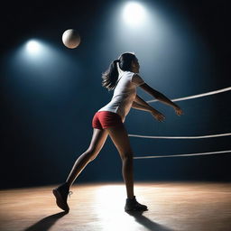 A 19-year-old girl with black hair playing volleyball in the dark