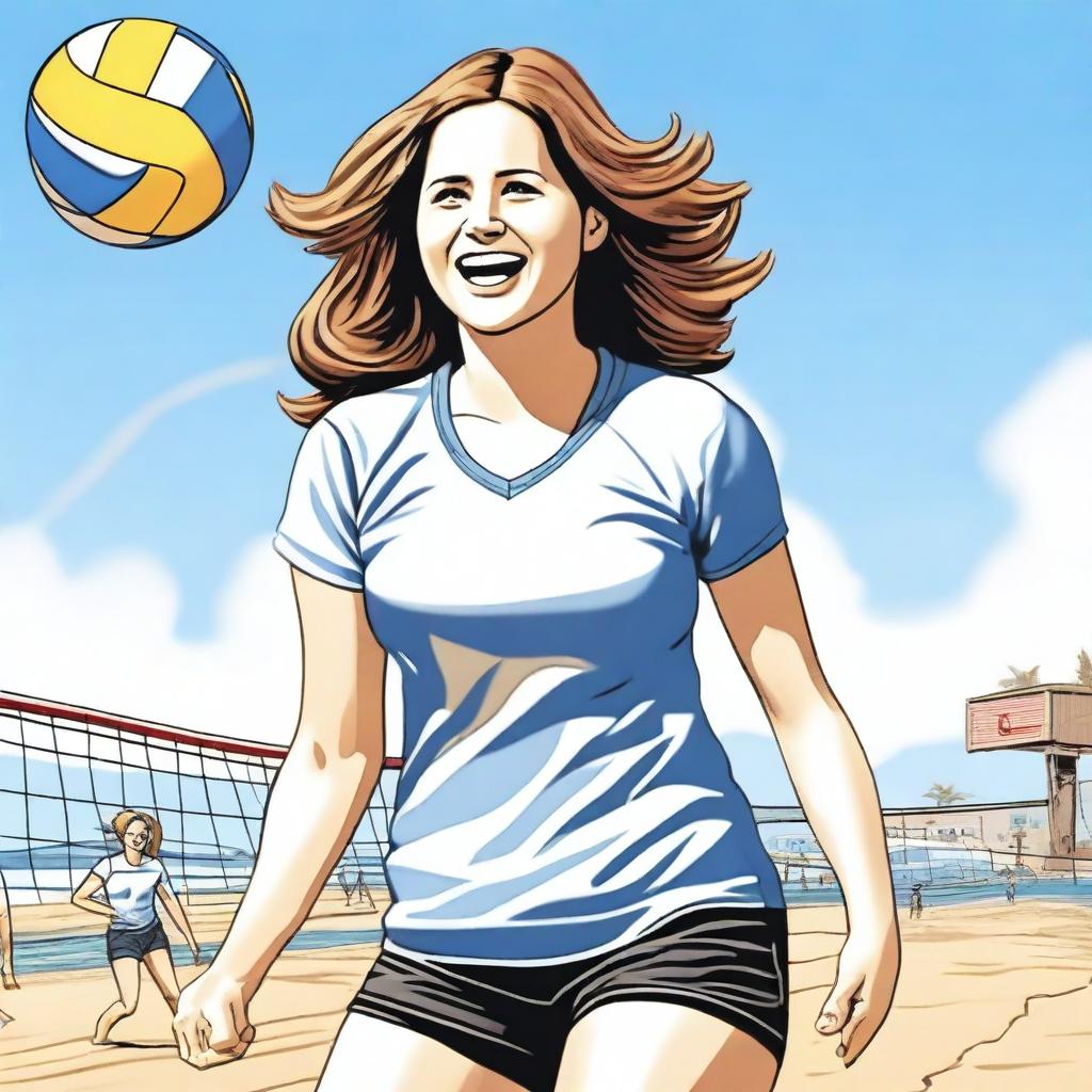 A realistic depiction of Jenna Fischer playing volleyball on a sunny beach