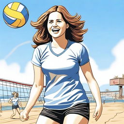 A realistic depiction of Jenna Fischer playing volleyball on a sunny beach