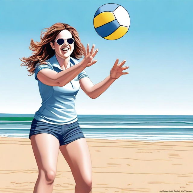 A realistic depiction of Jenna Fischer playing volleyball on a sunny beach