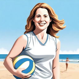 A realistic depiction of Jenna Fischer playing volleyball on a sunny beach