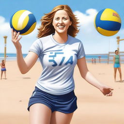 A realistic depiction of Jenna Fischer playing volleyball on a sunny beach