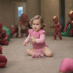 Brie Larson as Captain Marvel crawling in playful baby fashion, clad in pink diapers, with a squad of benevolent female aliens following her, each holding a baby bottle.