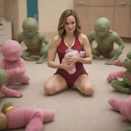 Brie Larson as Captain Marvel crawling in playful baby fashion, clad in pink diapers, with a squad of benevolent female aliens following her, each holding a baby bottle.