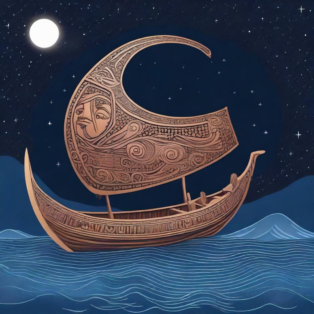 A majestic Maori waka (canoe) flying through the night sky, illuminated by the moon and stars