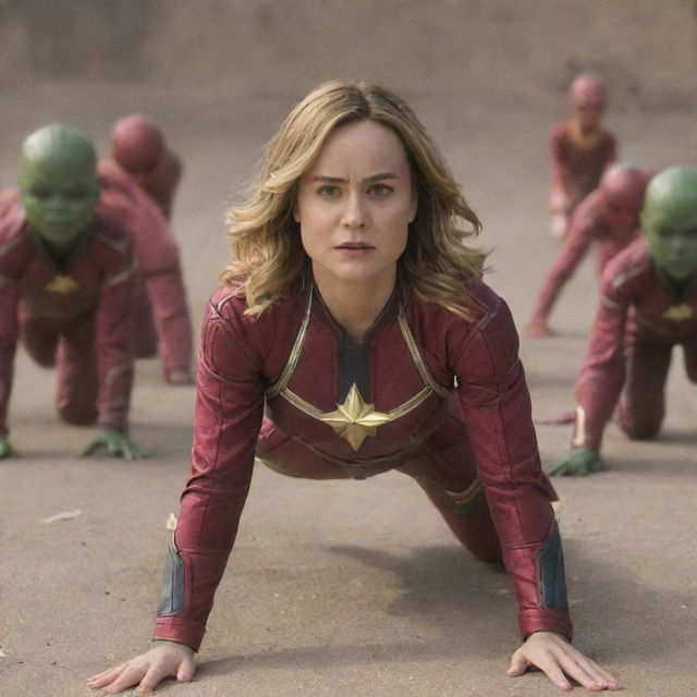 Brie Larson as Captain Marvel, crawling like an adorable baby in pink diapers, with an array of kind-hearted female aliens trailing behind her, each carrying a pack of diapers.