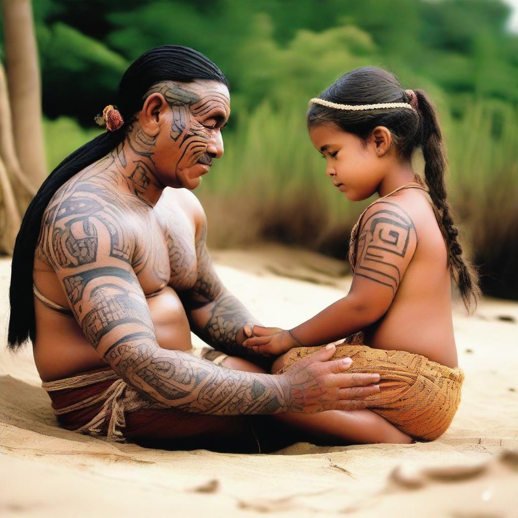 A Maori navigator, dressed in traditional attire with intricate tattoos and cultural symbols, is gently comforting a little girl