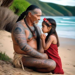 A Maori navigator, dressed in traditional attire with intricate tattoos and cultural symbols, is gently comforting a little girl