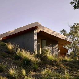 A simply designed two-story 45x30 house nestled in a hilly terrain. The home blends harmoniously into its surroundings, offering a perfect blend of architectural practicality with serene hillside aesthetics.