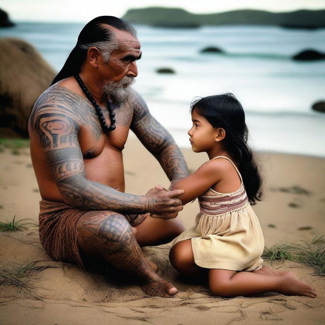 A Maori navigator, dressed in traditional attire with intricate tattoos and cultural symbols, is gently comforting a little girl