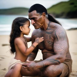 A Maori navigator, dressed in traditional attire with intricate tattoos and cultural symbols, is gently comforting a little girl