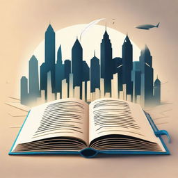 Create an SVG image of an open book with a quill pen, set against a futuristic cityscape background in the year 2025