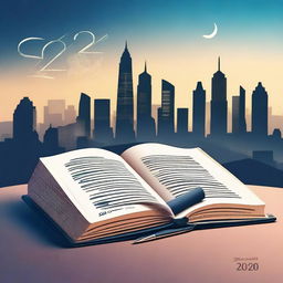 Create an SVG image of an open book with a quill pen, set against a futuristic cityscape background in the year 2025