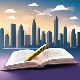 Create an SVG image of an open book with a quill pen, set against a futuristic cityscape background in the year 2025