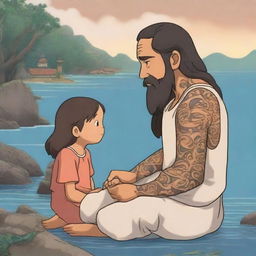 In the style of Studio Ghibli, a Maori navigator with intricate tattoos and traditional attire is gently comforting a little girl in pyjamas