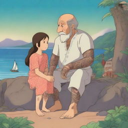 In the style of Studio Ghibli, a Maori navigator with intricate tattoos and traditional attire is gently comforting a little girl in pyjamas