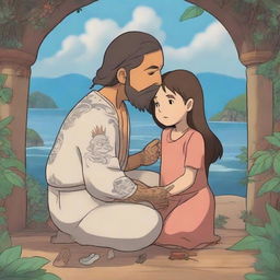 In the style of Studio Ghibli, a Maori navigator with intricate tattoos and traditional attire is gently comforting a little girl in pyjamas