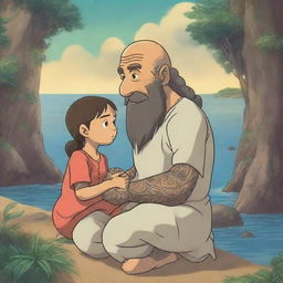 In the style of Studio Ghibli, a Maori navigator with intricate tattoos and traditional attire is gently comforting a little girl in pyjamas