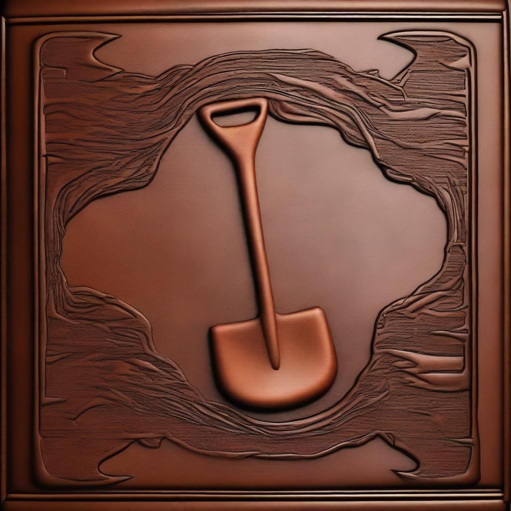 A strip of leather embossed with a design of a shovel and pickaxe overlapping each other