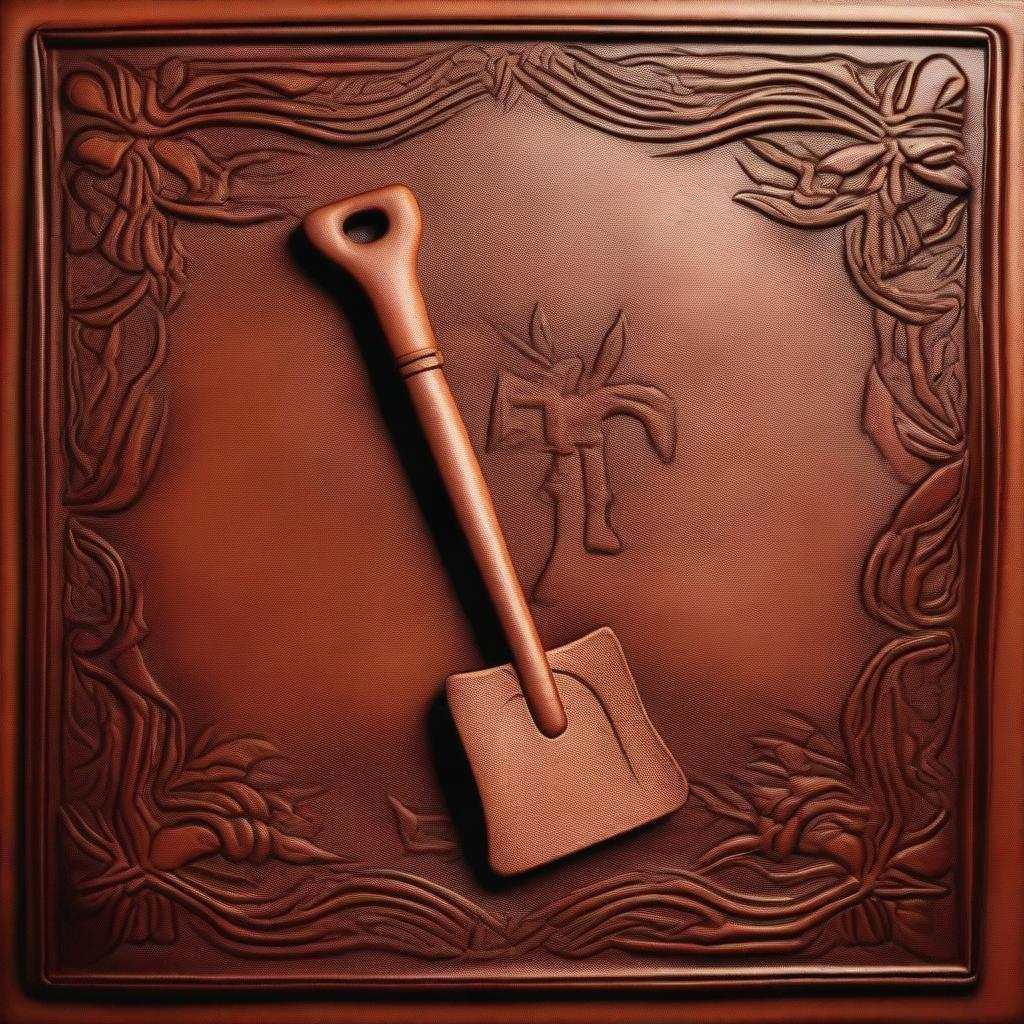 A piece of leather embossed with a design featuring a shovel and pickaxe overlapping each other