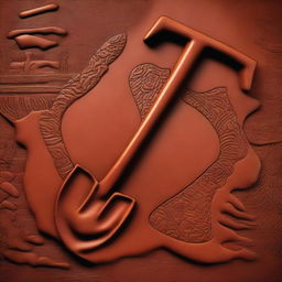 A piece of leather embossed with a design featuring a shovel and pickaxe overlapping each other