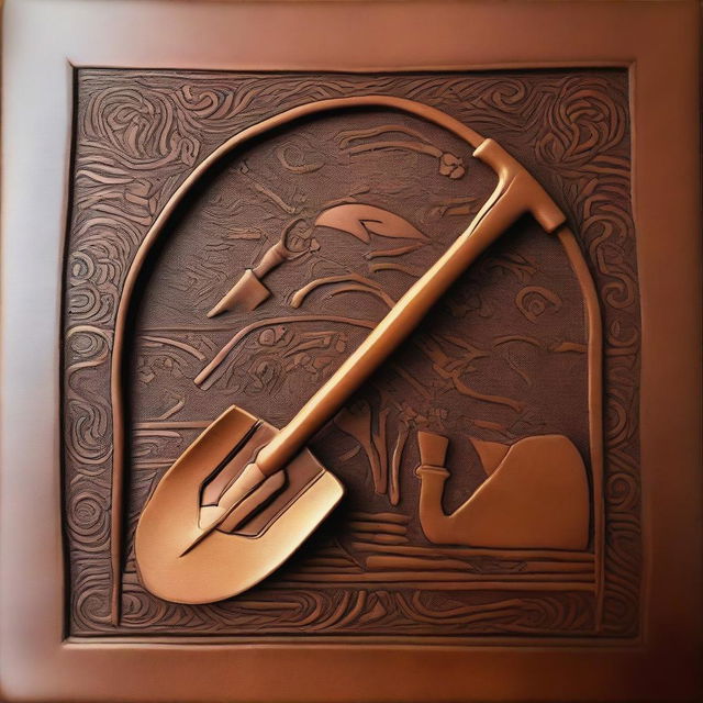 A piece of leather embossed with a design featuring a shovel and pickaxe overlapping each other