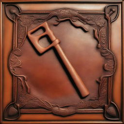 A piece of leather embossed with a design featuring a shovel and pickaxe overlapping each other