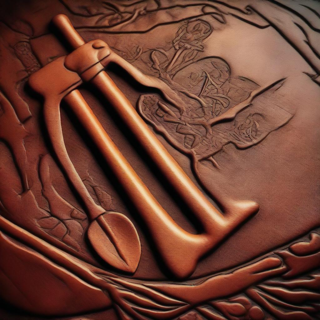 A piece of leather embossed with a design featuring a shovel and pickaxe overlapping each other