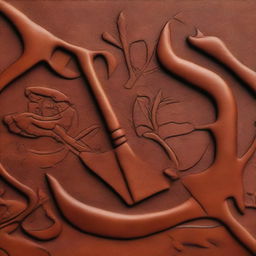 A piece of leather embossed with a design featuring a shovel and pickaxe overlapping each other