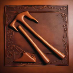 A piece of leather embossed with a design featuring a shovel and pickaxe overlapping each other