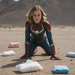 Brie Larson as Captain Marvel, in a humorous scene, crawling like a baby wearing pink diapers, followed by female aliens. Each alien is carrying a pack of diapers.