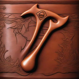 A piece of leather embossed with a design featuring a shovel and pickaxe overlapping each other