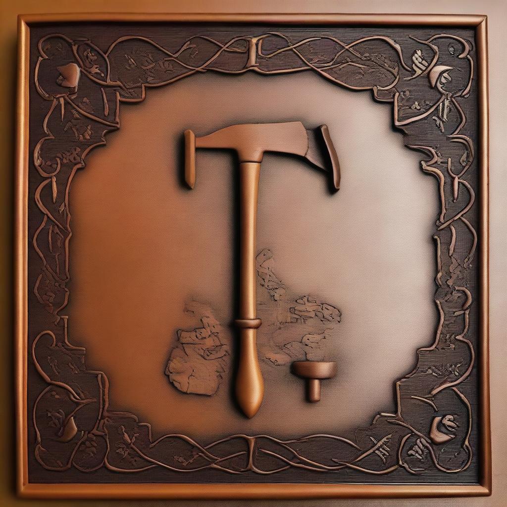 A piece of leather embossed with a design featuring a shovel and pickaxe overlapping each other