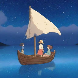 Create an enchanting scene featuring Studio Ghibli characters at night