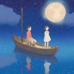 Create an enchanting scene featuring Studio Ghibli characters at night